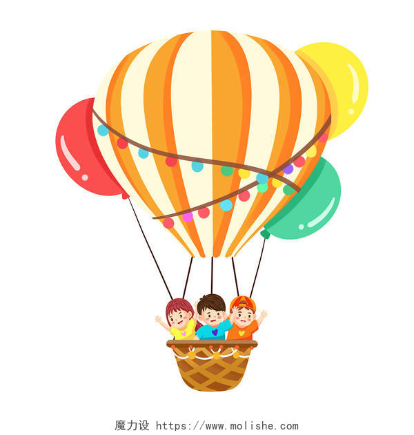 彩色卡通手绘扁平风六一儿童节热气球人物素材原创插画海报儿童节元素